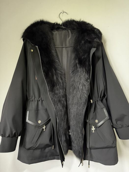 Подовжена парка трансформер чорна натуральне хутро