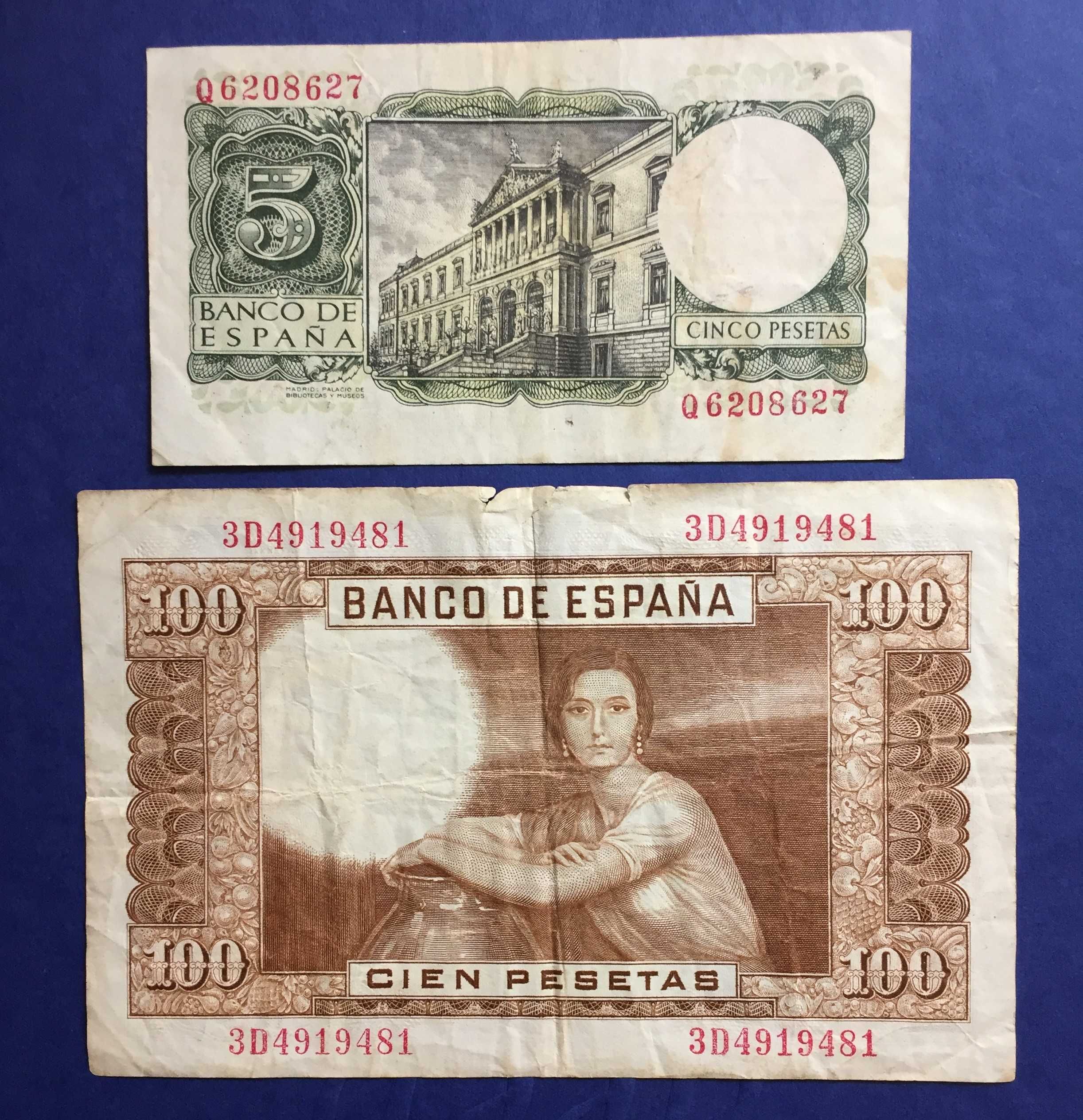 Espanha 2 notas: 5 Pesetas 1954 e 100 Pesetas 1953