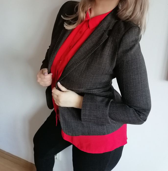 Elegancki klasyczny żakiet brązowy z przeszyciami F&F r. 40