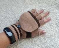 Nowe rękawiczki mitenki z klapką kolor beżowy z brązowymi paskami