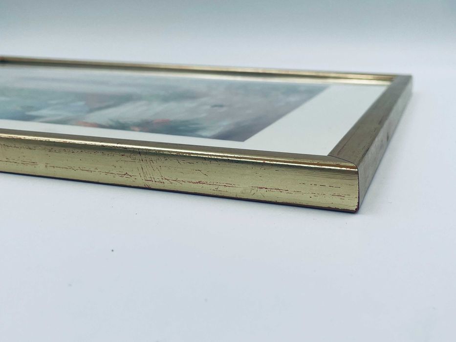 Grafika w ramce złoconej przedstawiająca wyjcie na ogród.