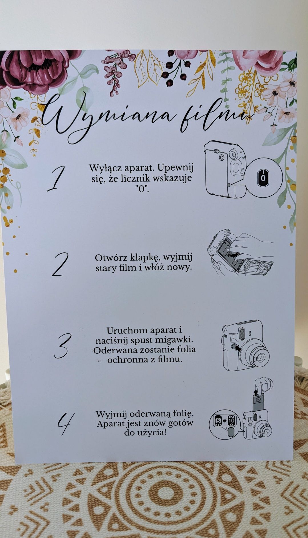 Instrukcja obsługi Instax mini 12 na ślub i wesele, wydruk A4