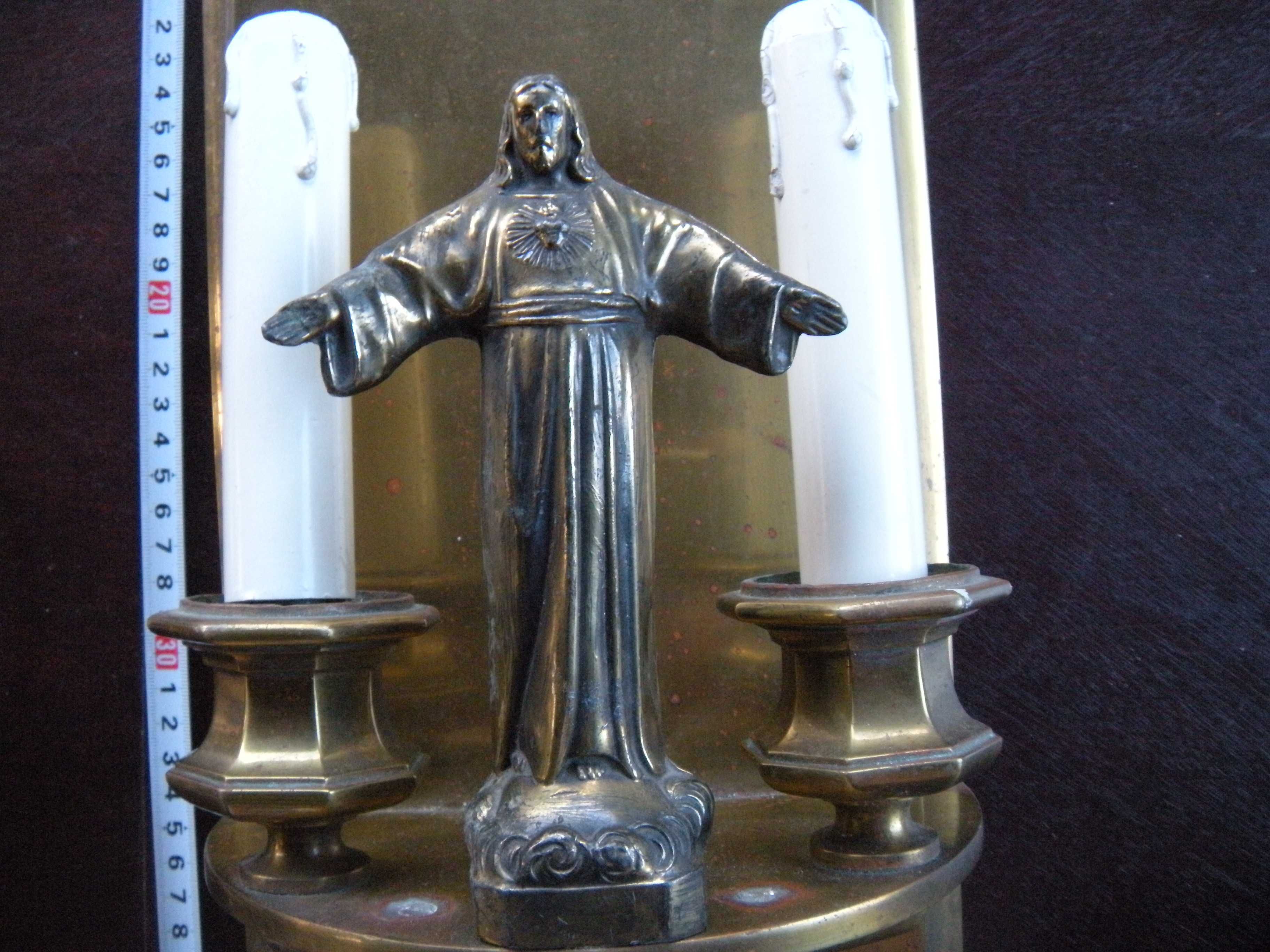 kinkiet lampka mosiądz stary ołtarzyk Jezus Chrystus figura kapliczka