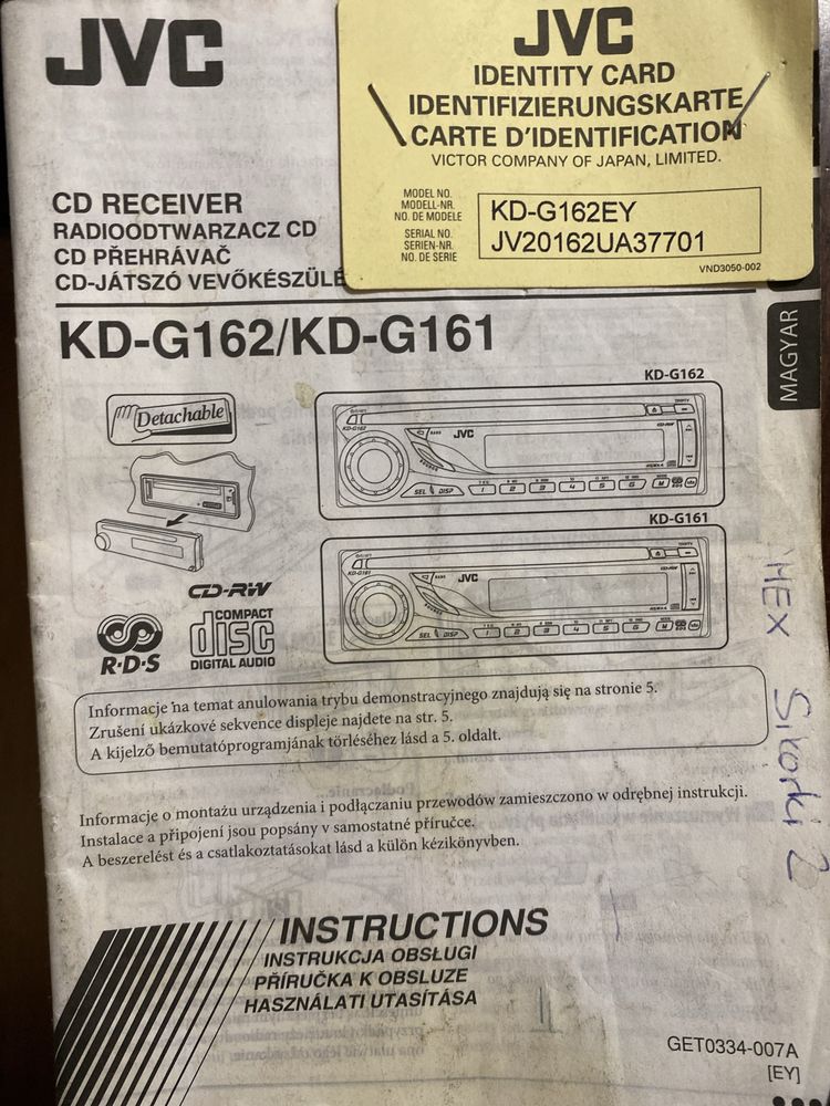 Radio Samochodowe Jvc kd-g162 Odtwazacz CD-RW