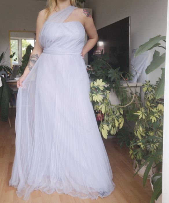 niebieska tiulowa sukienka maxi jedno ramię plisowana 3 xl  46 asos