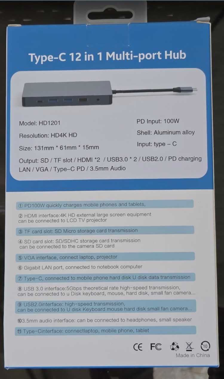 stacja dokująca 12 w 1 HUB USB-C PD 2x HDMI LAN USB 3.0 2.0 VGA