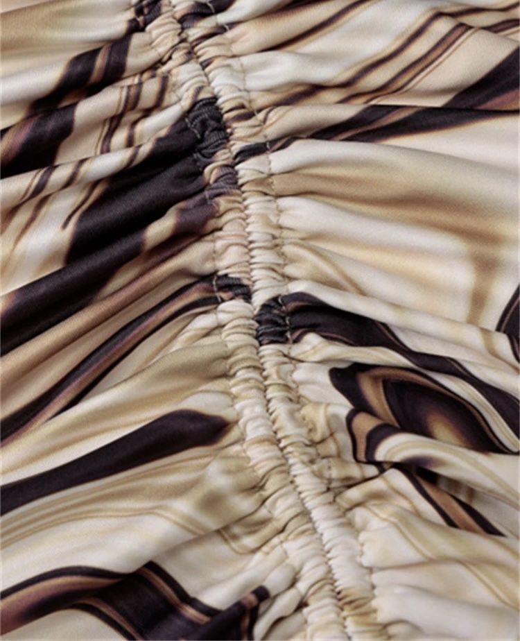 Сукня міні бежева коричнева абстрактним принтом драпіруванням вирізом
