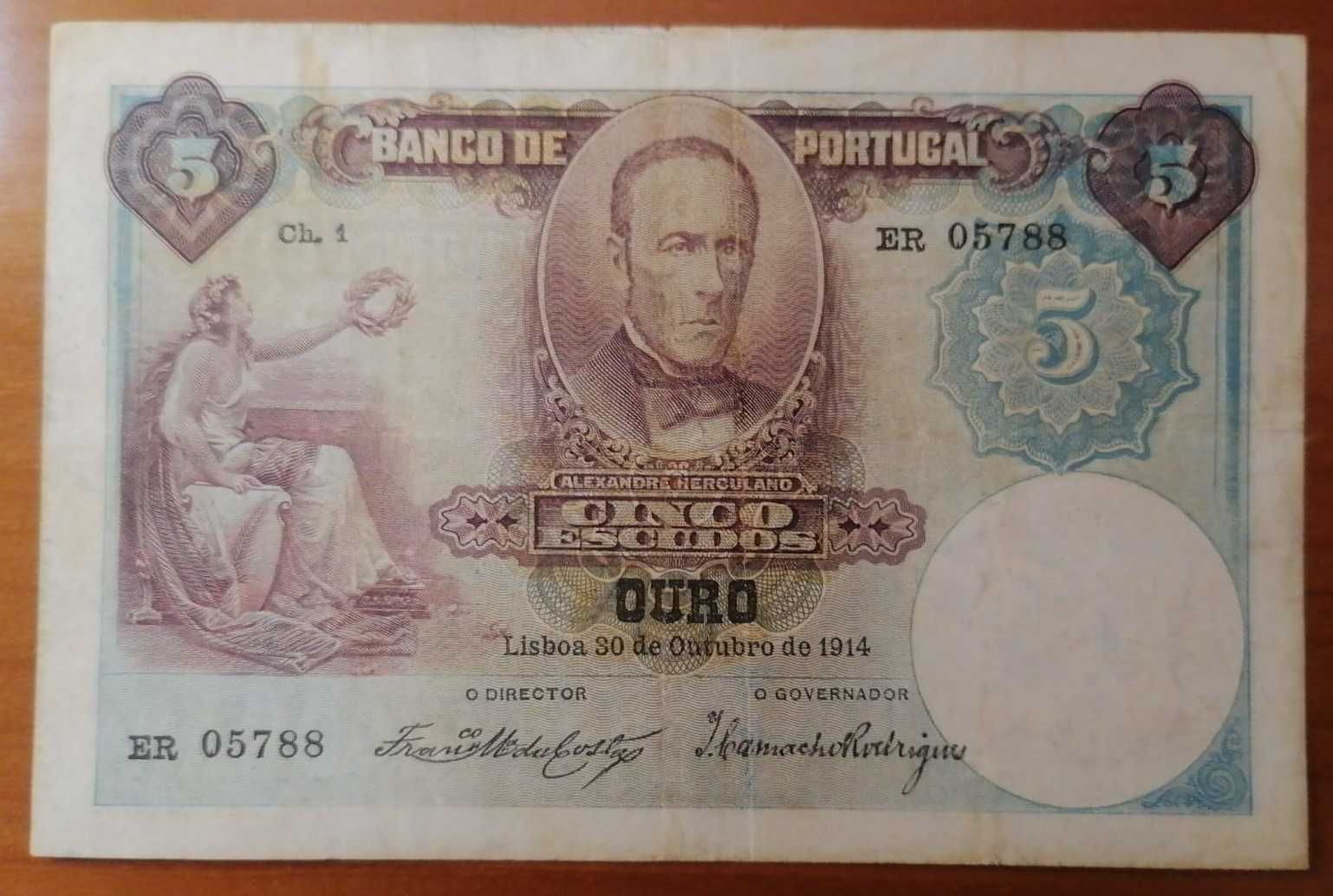 1914 - Nota 5 Escudos - Alexandre Herculano - 20 Out 1914 - Ch 1