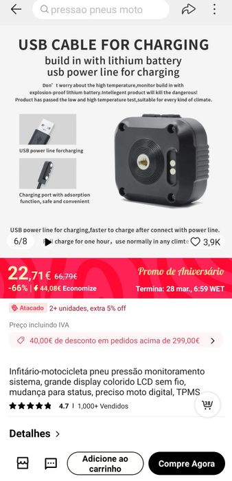 Sensor pressão de pneus para motociclo
