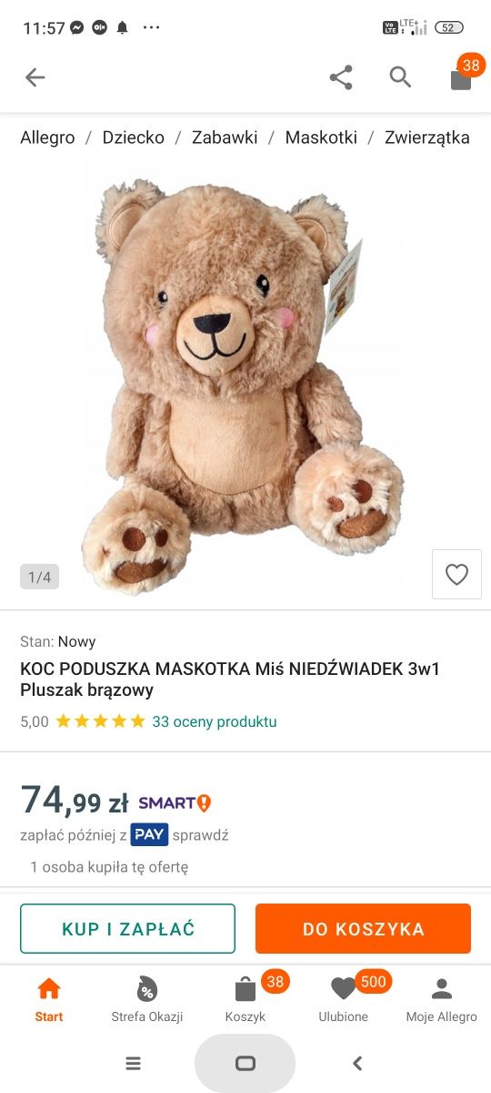 Miś 3w1 pluszak-kocyk-poduszka przytulanka smukee kids