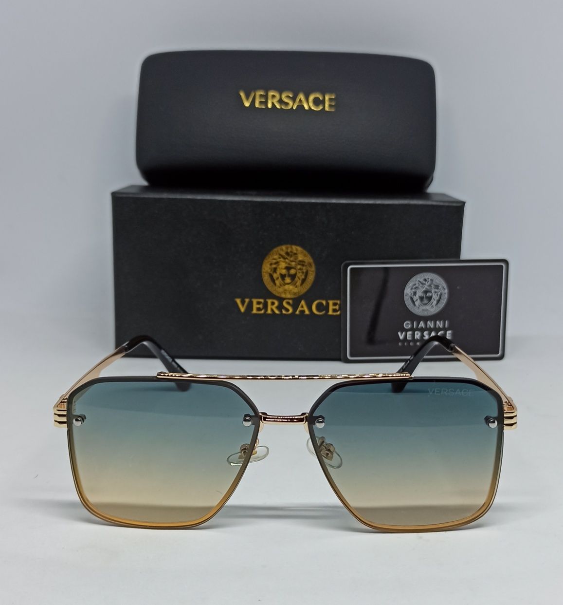 Versace очки мужские классика сине бежевый градиент в золотом металле