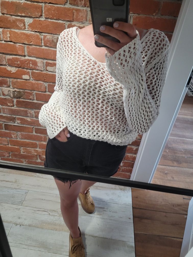 Biały lniany ażurowy sweter boho H&M
