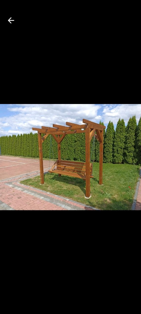 Huśtawki ogrodowe tarasowe(drewniane) grube belki konstrukcjia na lata