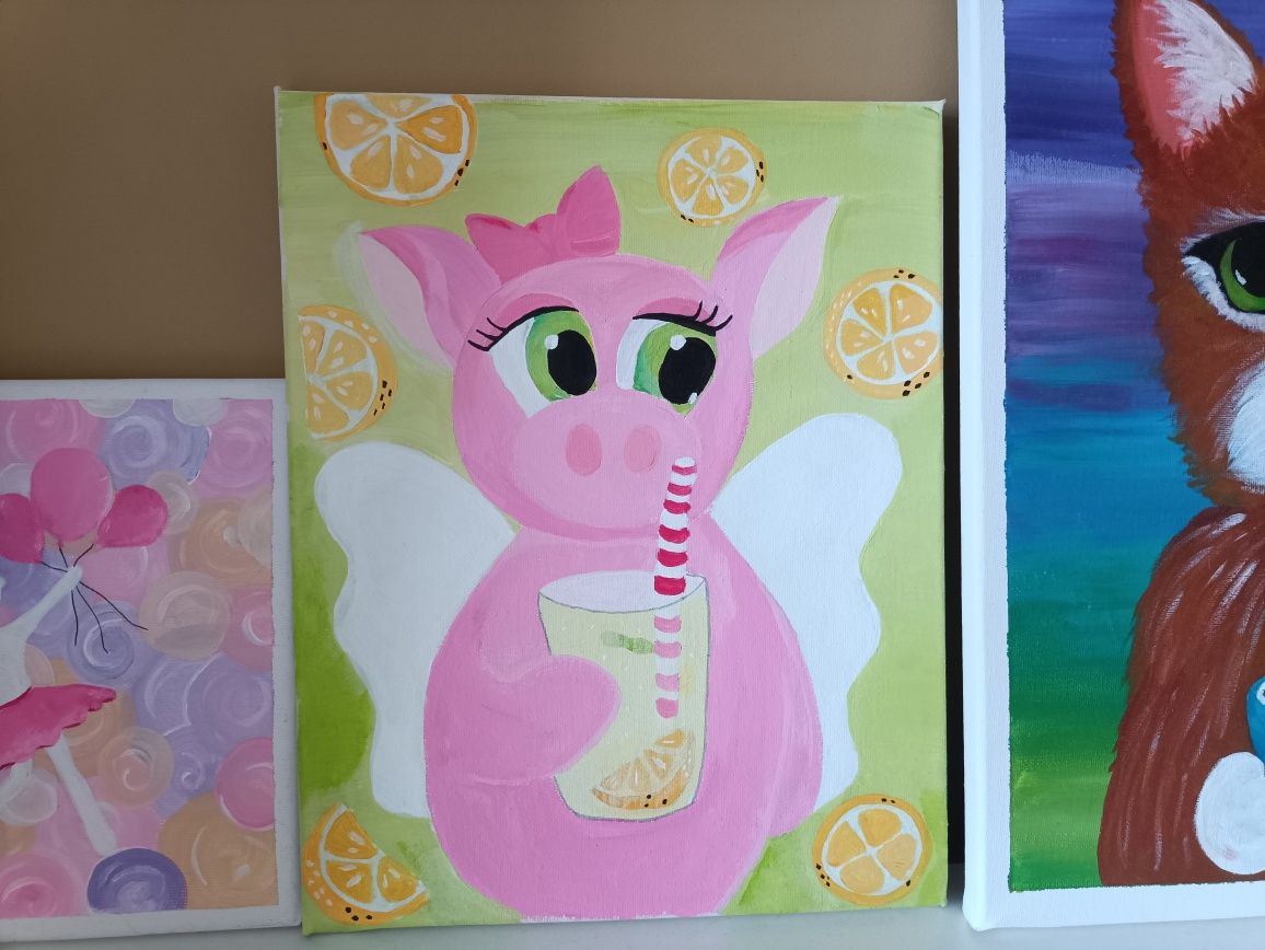 Obrazek dla dzieci - świnka, ręcznie malowany na płótnie