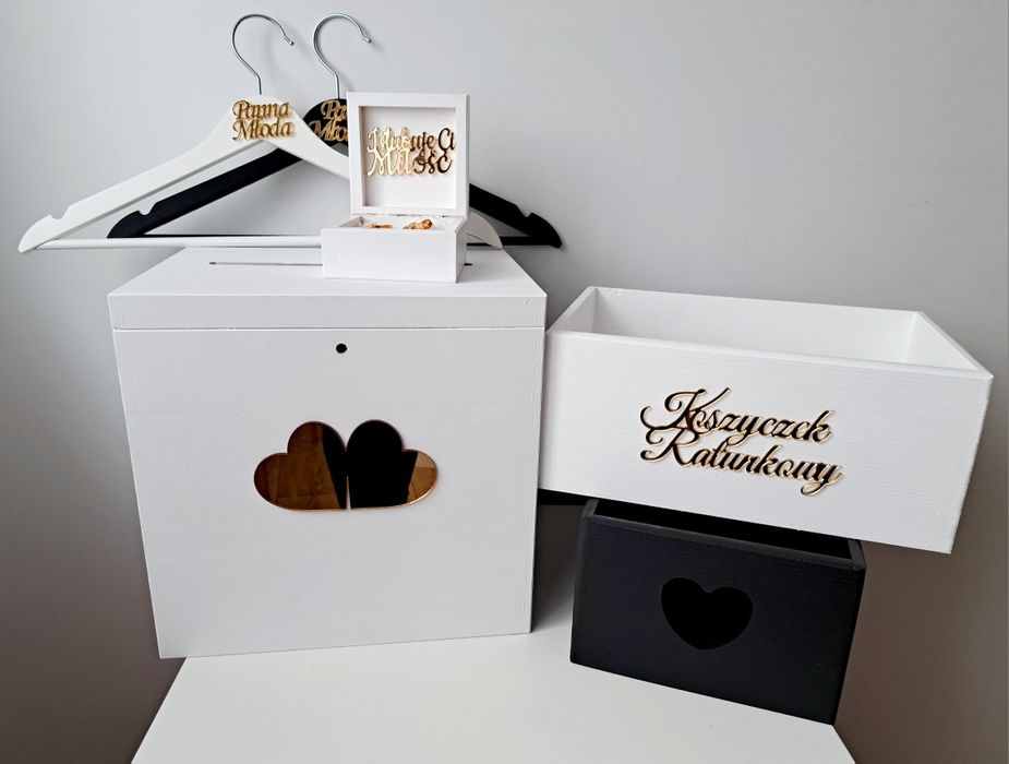 Duże pudełko na koperty obrączki Koszyczki wieszaki złote pleksi lustr