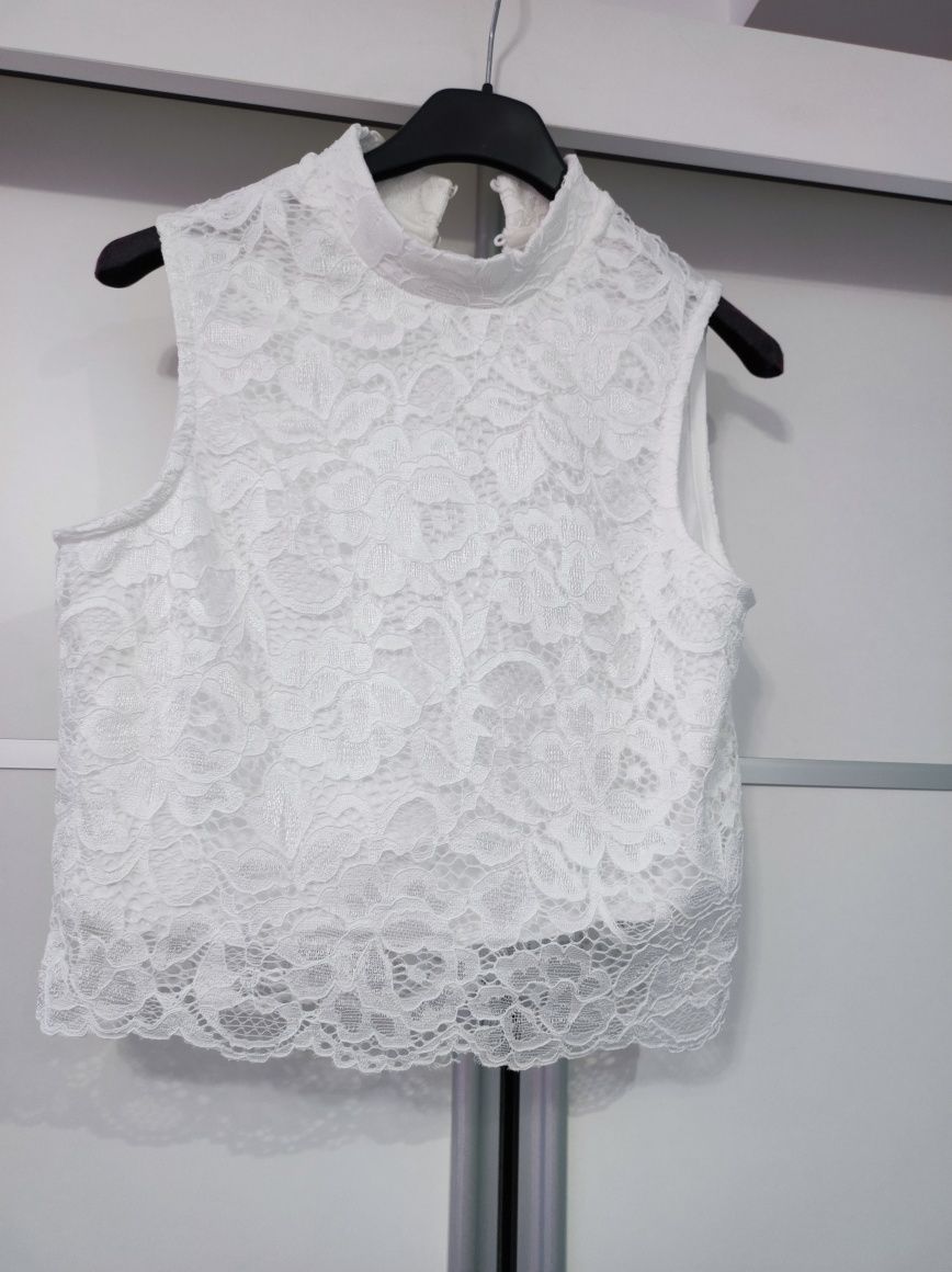 Crop top biały koronkowy nowy bez rękawów even&odd S