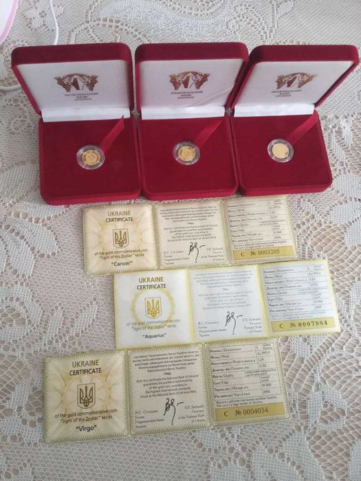 Монети з серії Знаки Зодіаку: Діва, Рак, 1,24грами золота проби 999,9