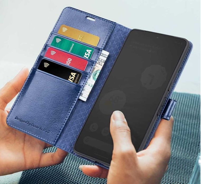 OCASE skórzane etui Google Pixel 8 Pro z klapką portfel RFID granatowe