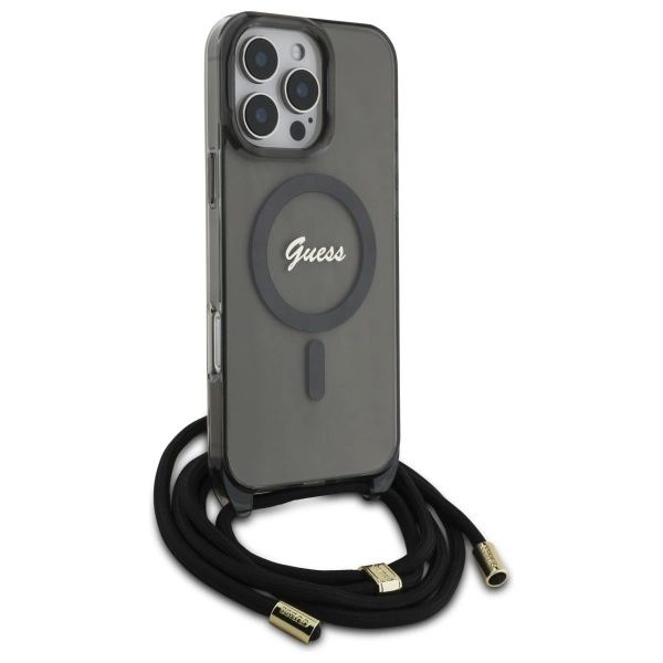 Etui Guess Crossbody Cord Script MagSafe na iPhone 16 Pro - czarne