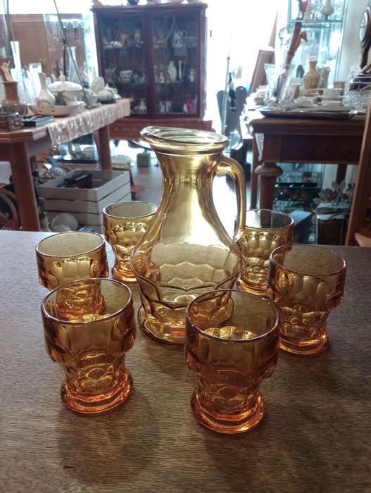 Piękny dzban i szklanki bursztynowe szkło Włochy Vintage