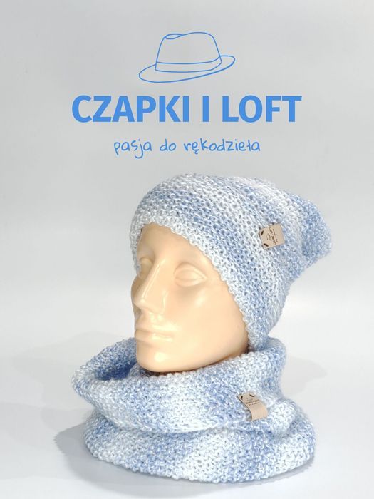Czapka z kominem ręcznie robiona na drutach
