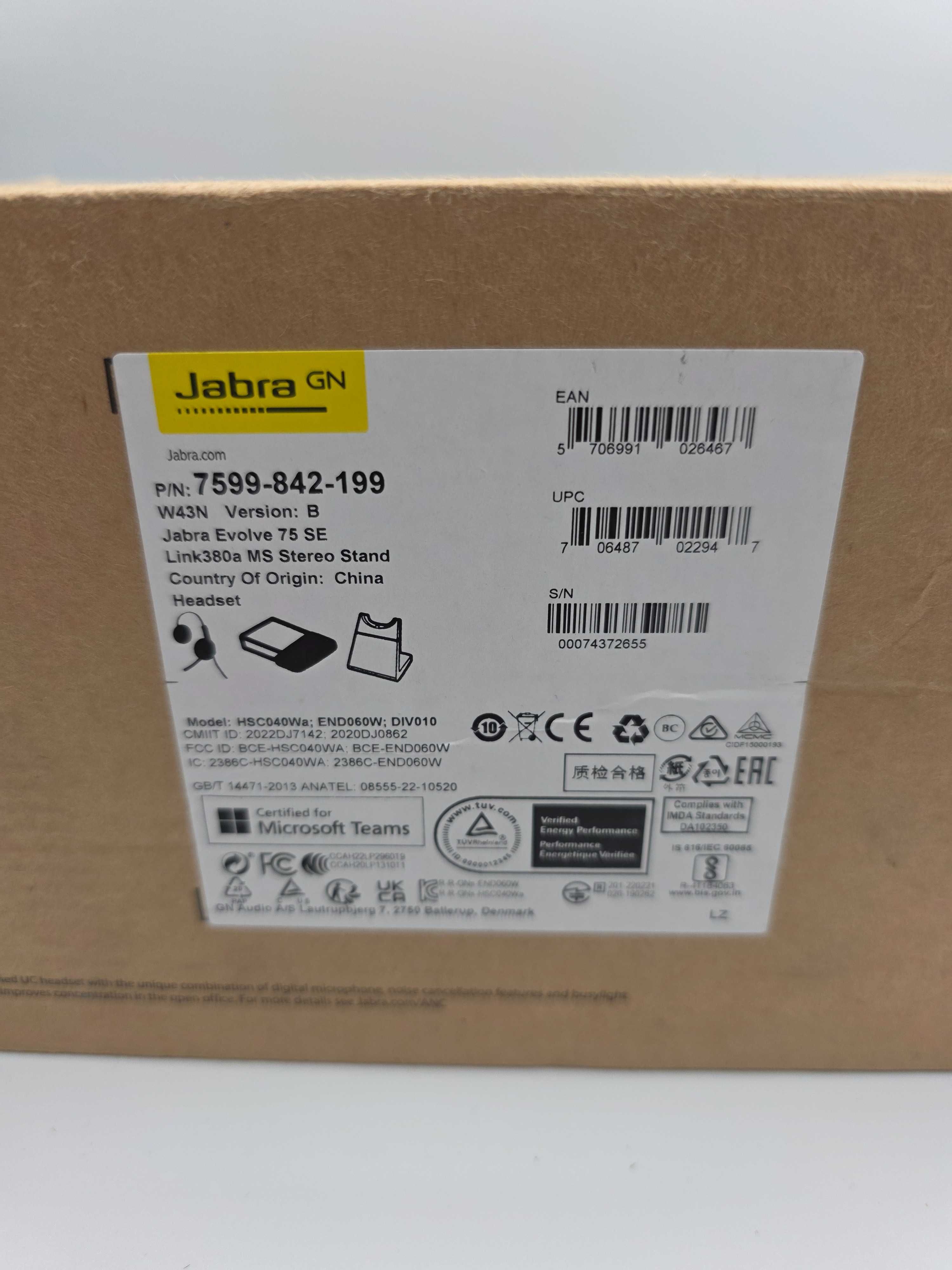 Słuchawki Jabra Evolve 75 SE + stacja ładująca + adapter - WYSYŁKA