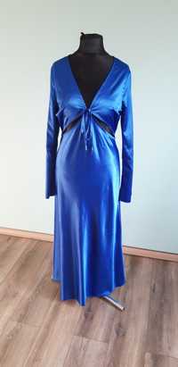Niebieska satynowa z wycięciami elegancka sukienka XL