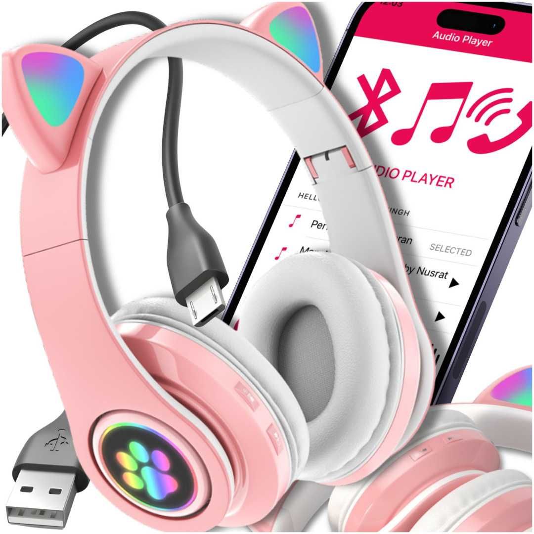 NOWE SŁUCHAWKI Bluetooth Pink Różowe Dzieci KOCIE USZKA + kabel