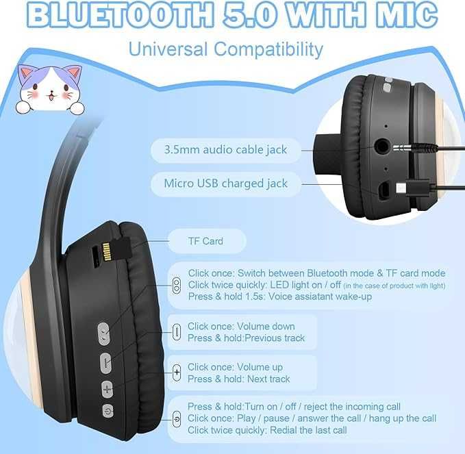 Słuchawki bezprzewodowe dla dzieci  kocie uszy z diodami LED (czarne)