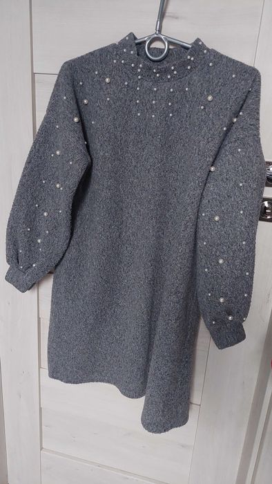 Sukienka Tunika sweterkowa perełki bufki szerokie rękawy S-M