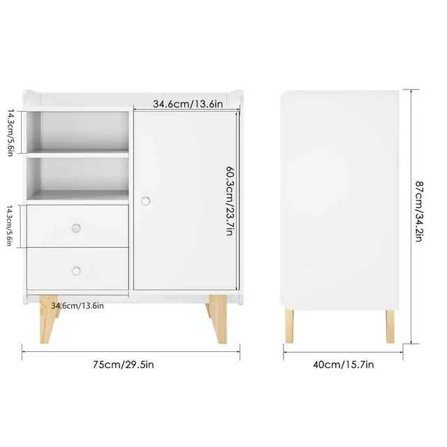 Biała drewniana szafka podłogowa z drzwiami i szufladami