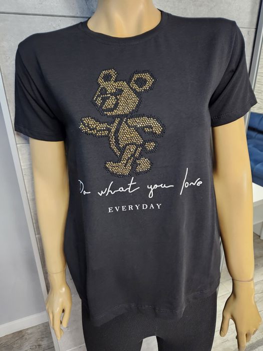 Nowa bluzka t shirt z misiem z cyrkoniami super jakość Ecaff rozm S