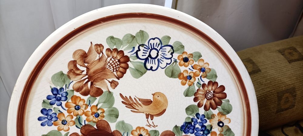 Fajans Włocławek duży malowany talerz z ptaszkiem 31 cm