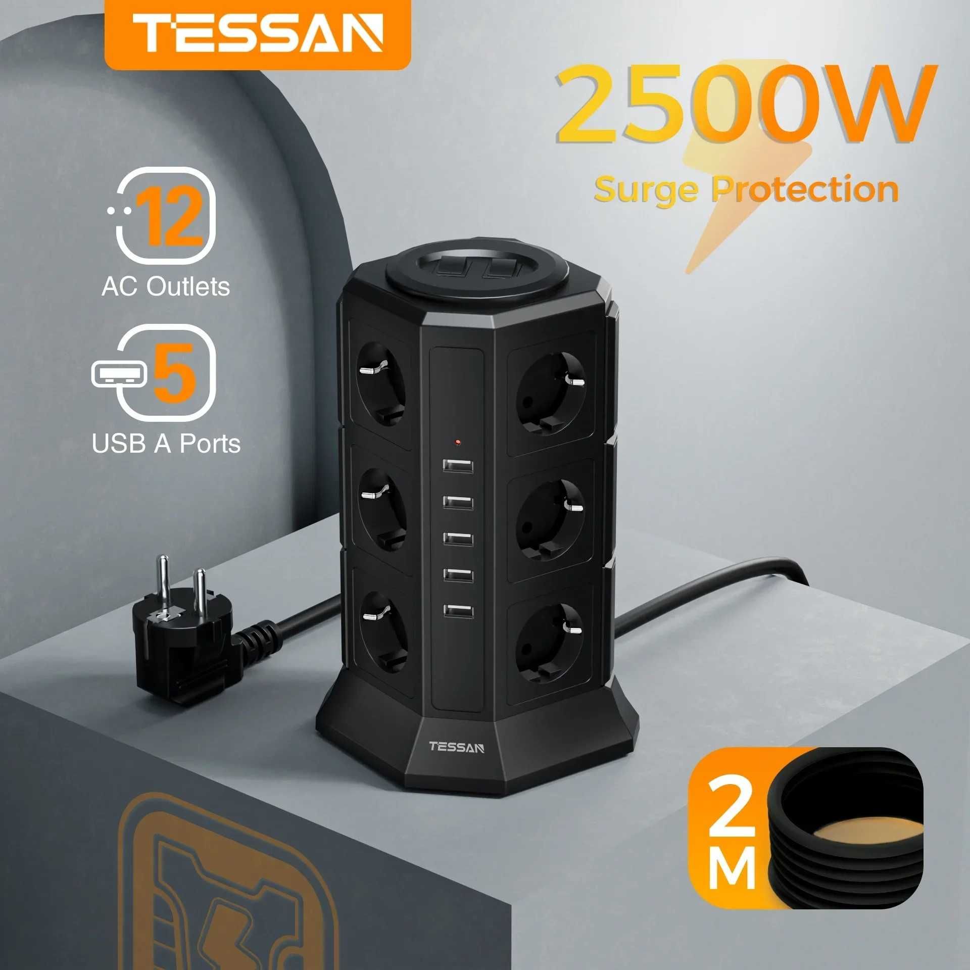 TESSAN Listwa Zasilająca Pionowa wieża 12 Gniazd + 5 USB 2m 2500 W