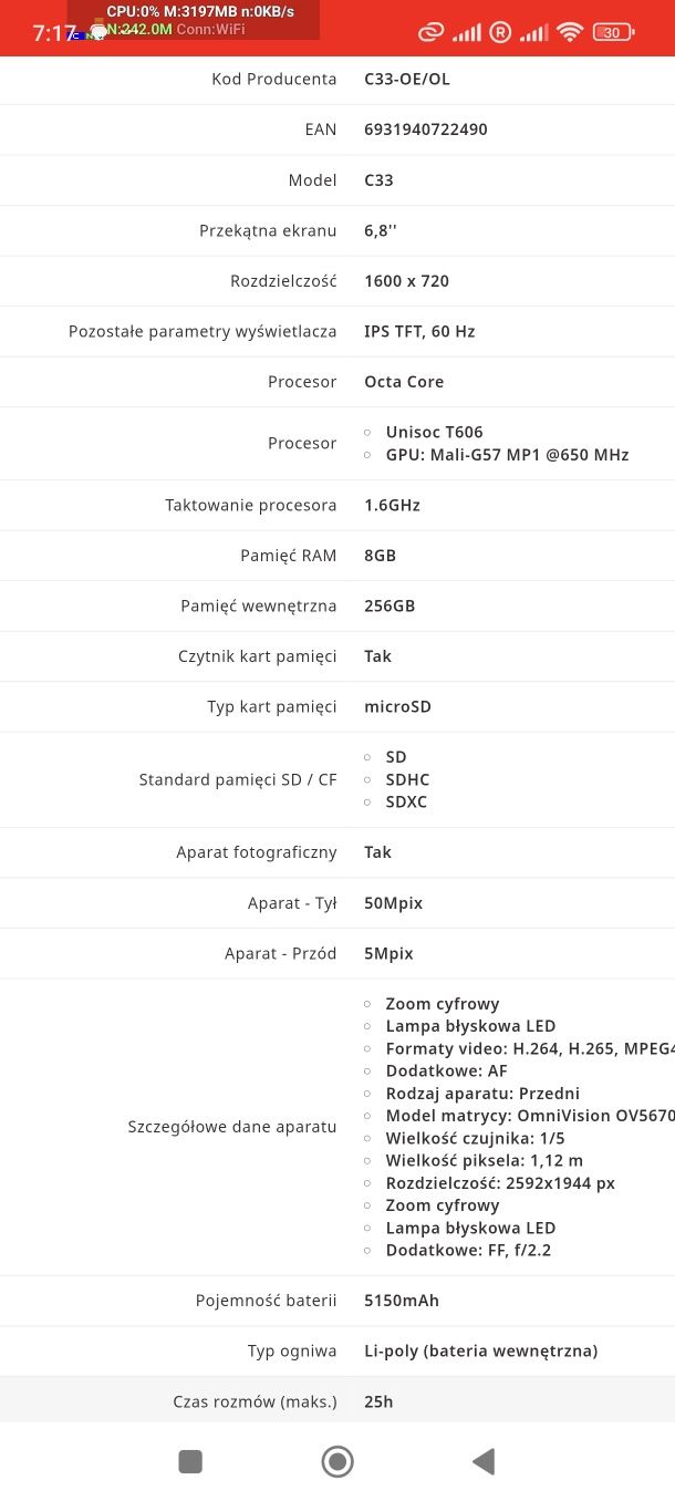C33 6.8 całą 256GB 50Mpix Dual Sim
