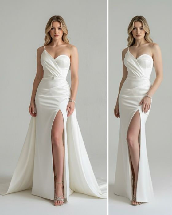 Suknia ślubna satyna biala Lavika 36 38 syrenka dopasowana tren gorset