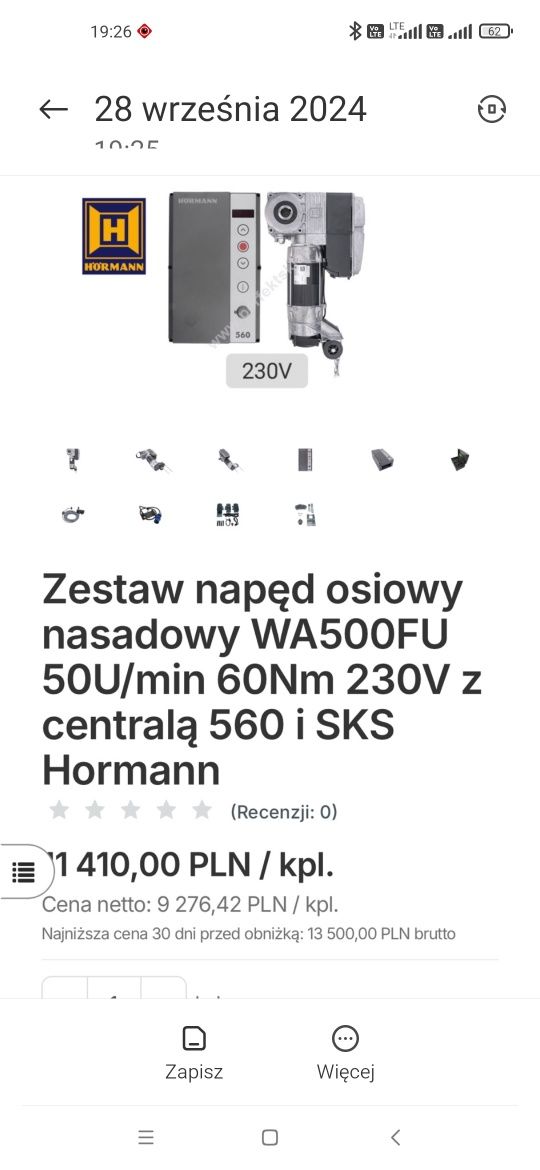 Zestaw napęd osiowy nasadowy WA500FU Hormann