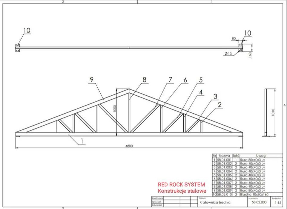 Kratownica dachowa 80x40x3 - 4.8m