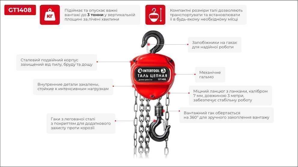 Таль цепная 3 т, ланцюг 3 м INTERTOOL GT1408, лебедка, Таль ланцюговий