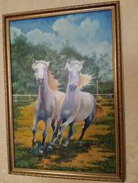Картина маслом "Лошади" в красивой рамке, Запорожский художник.
