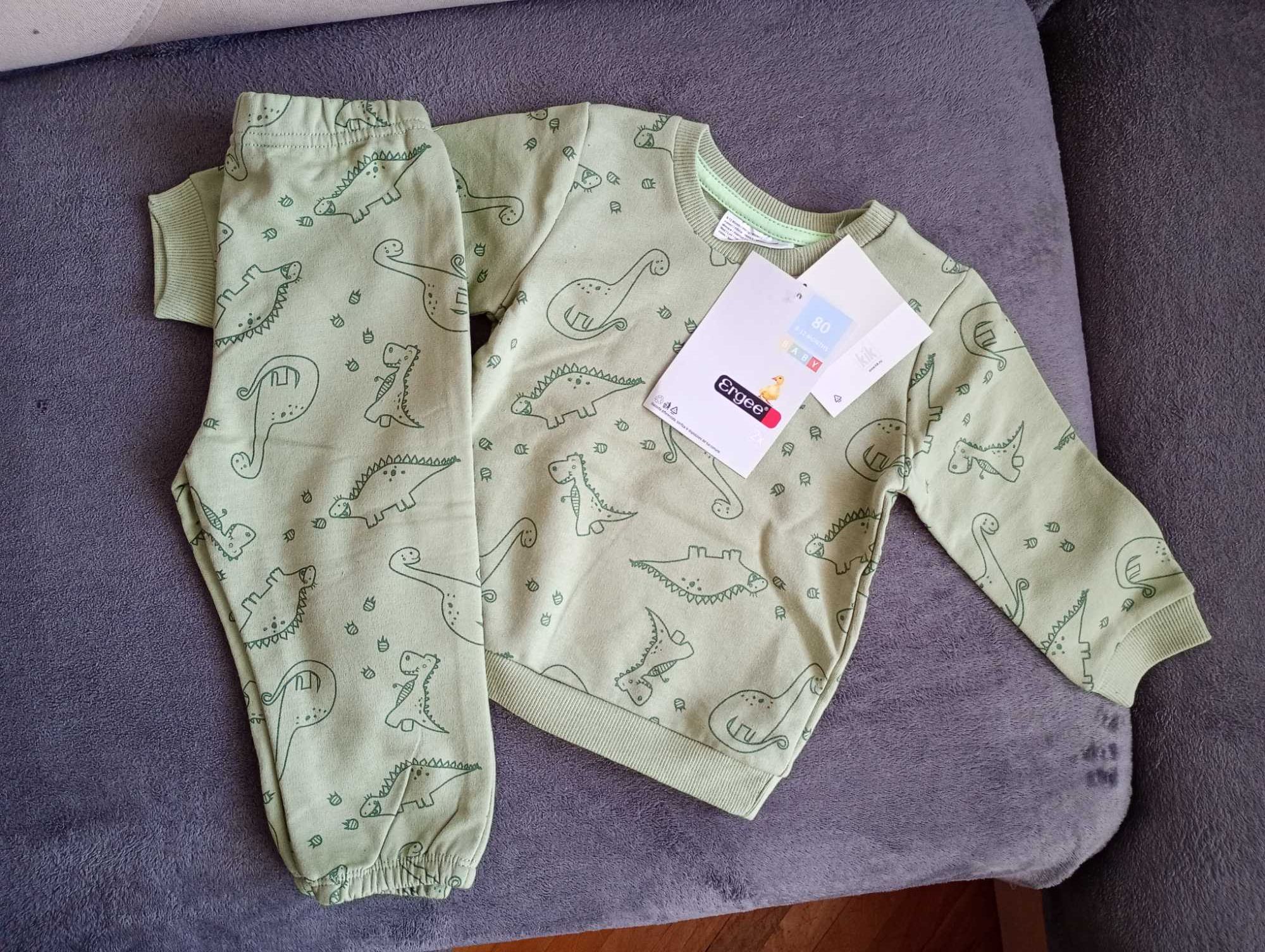 Komplet zestaw dres bluza spodnie zielony w dinozaury rozm. 80 NOWY