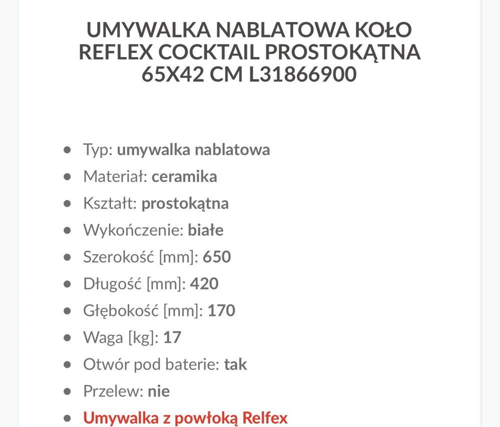 Umywalka nablatowa Koło prostokątna 65x42 cm Reflex COCKTAIL