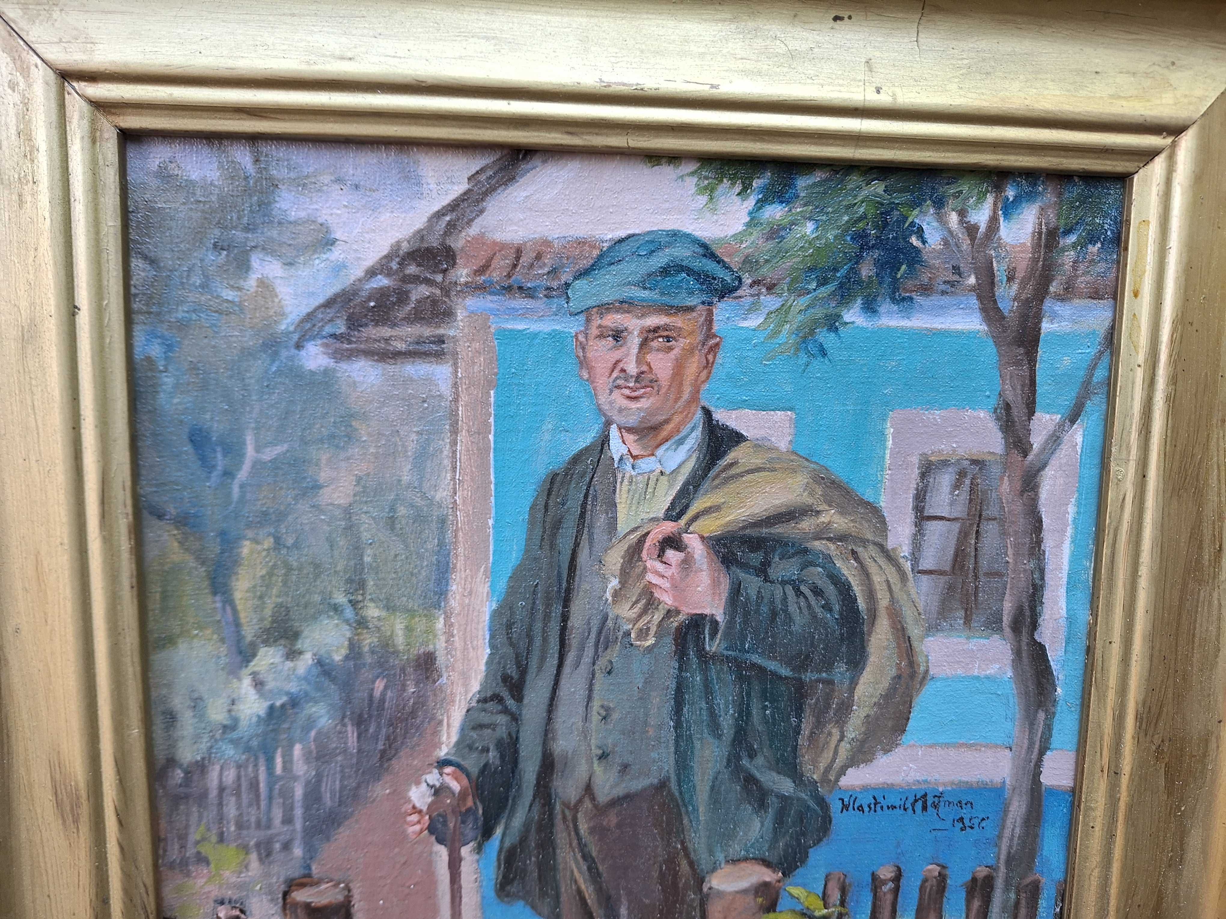 Portret na tle domu-obraz olejny