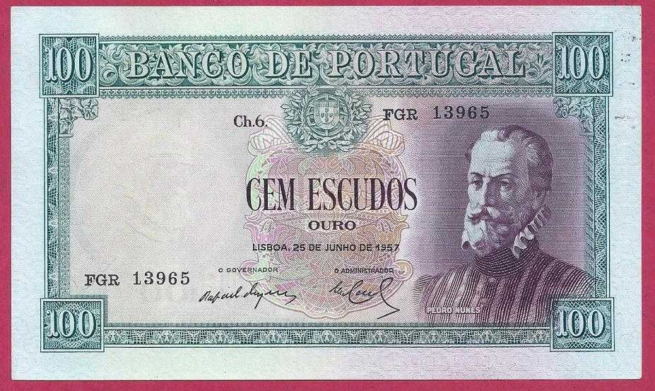 NOTA REPUBLICA 100$  Escudos ch6   Pedro Nunes  1957 Bonita