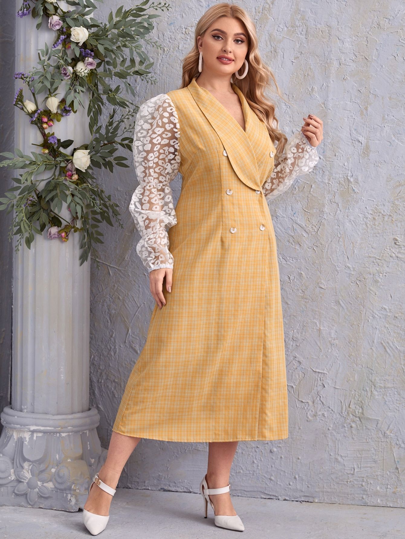 Sukienka Marynarkowa Maxi W Kratkę Z Siateczkowymi Rękawami Shein 4Xl