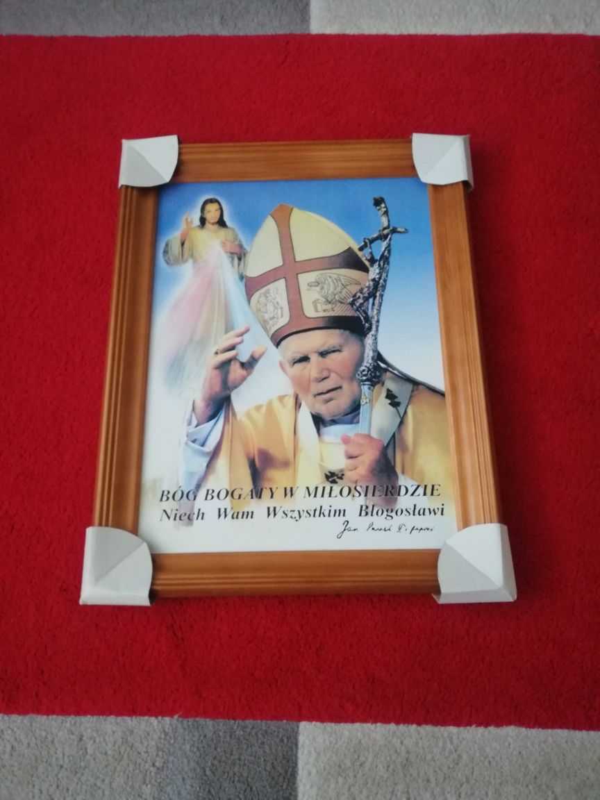 3 nowe w folii obrazy drewniane Jan Paweł II obraz duże duży