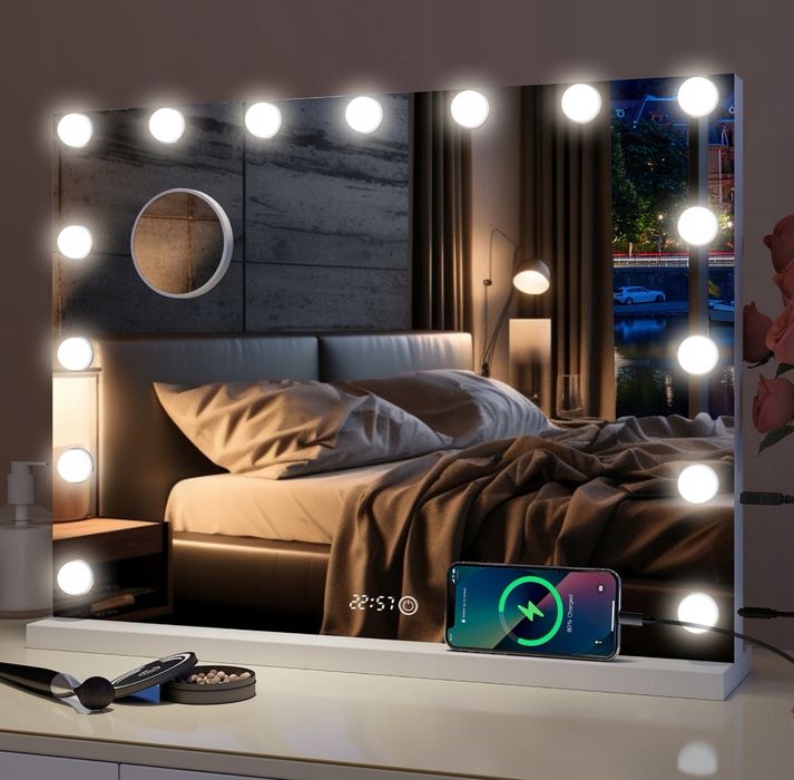 58x45cm Lustro do makijażu Hollywood Style 15 LED USB Time Display