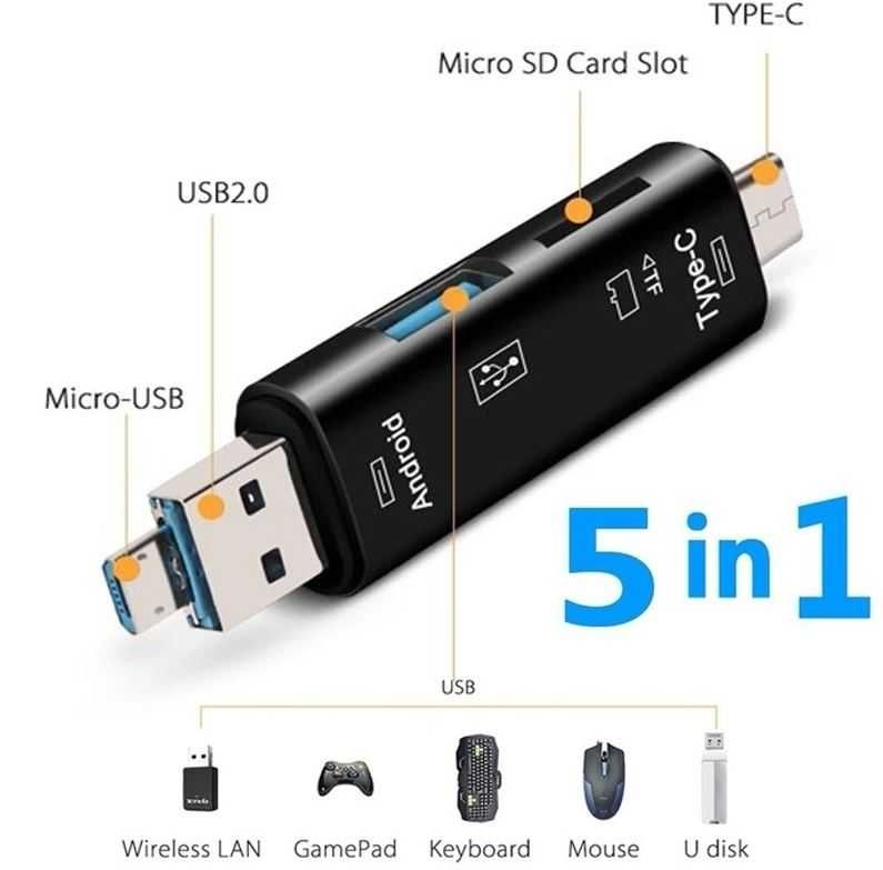 Adaptador 5 em 1 | Tipo C | Micro USB | USB | USB Femea | TF Card