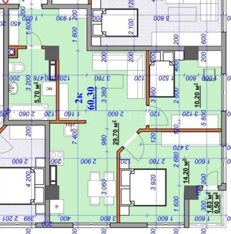 Продаж квартири з кухнею-студією 30м2 і 2 окремими кімнатами