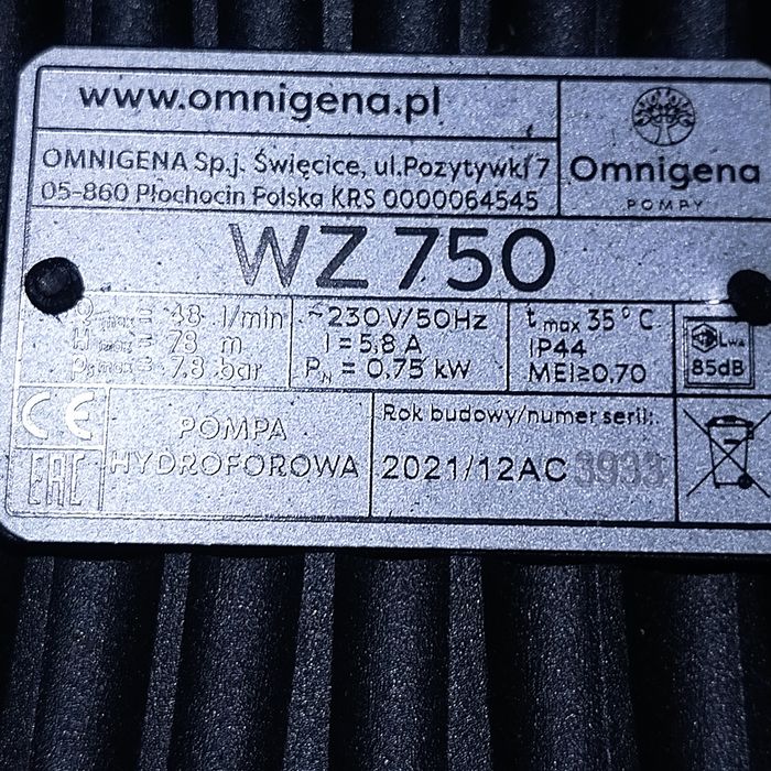 Pompa hydrofobowa omnigena WZ750